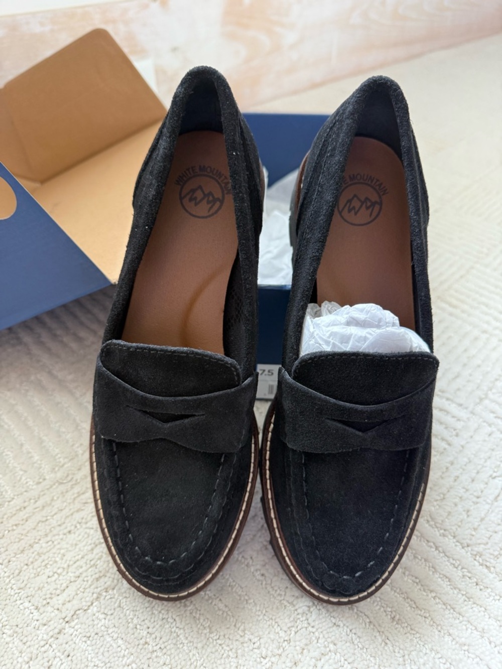 White Mountain Black Suede Penny Loafers for Women
